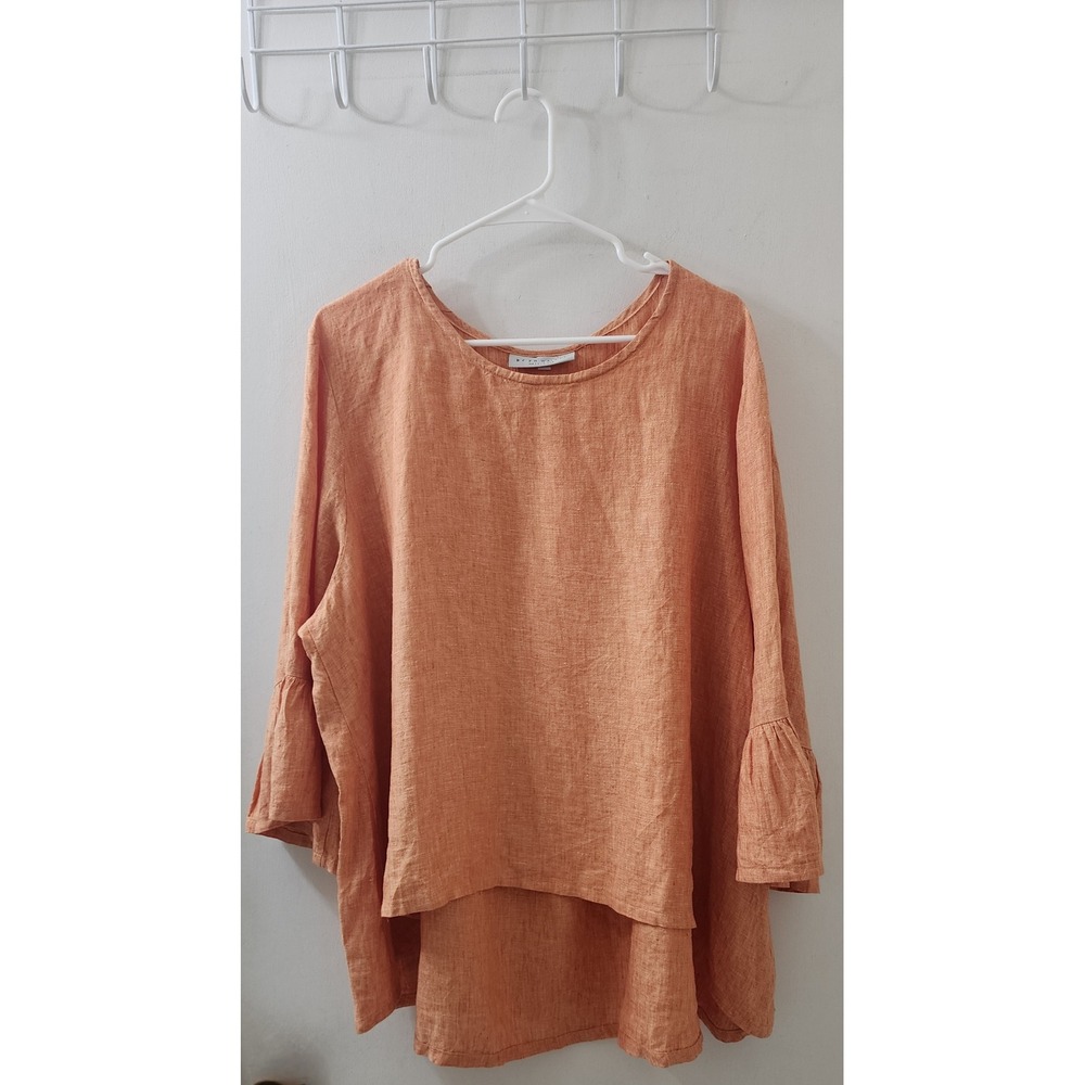 Bryn Walker Womens 1X Orange 100% Linen Ruffle Bell Sleeve High Low Tunic Top